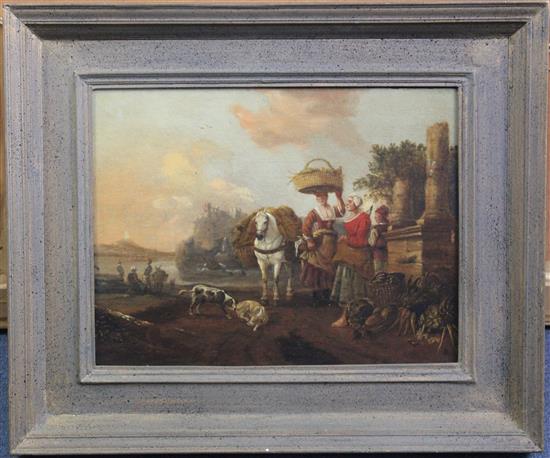 18th century Flemish School Landscape with figures selling vegetables, 11 x 14.5in.